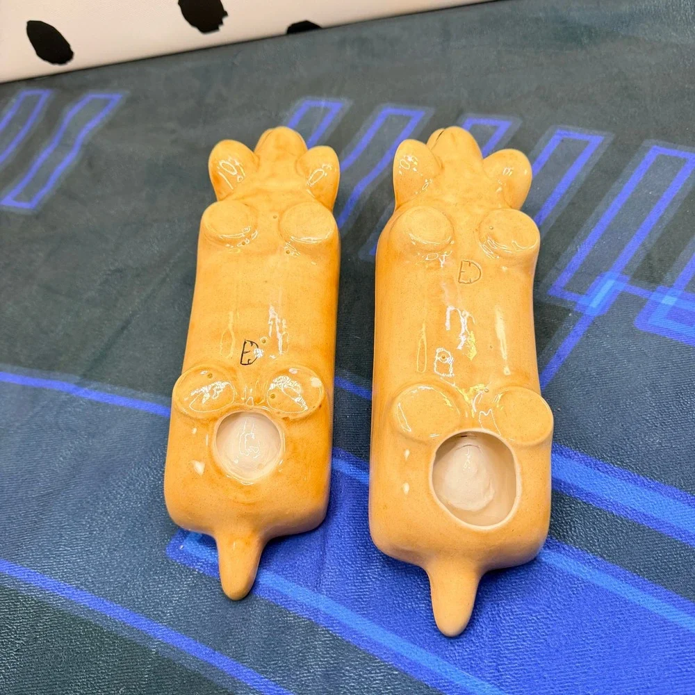 VTG Mid Century Ceramic Dachshund Corn Cob Holders Pair Yellow Wiener Dog Trays
